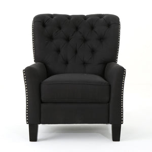 The Modern Push Back Recliner is a black tufted armchair featuring a high backrest, cushioned seat, and studded detailing along the arms. It has black wooden legs and is set against a plain white background.