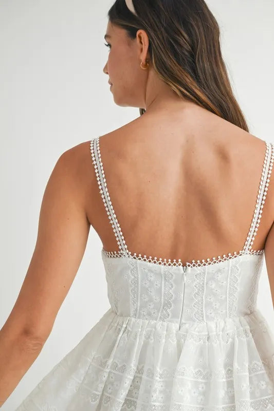 Eyelet Lace Babydoll Mini Cami Dress – Feminine Eyelet Lace Dress, Fluttering, Bohemian Babydoll Silhouette, Breezy Summer Dress, Casual Day Out Dress