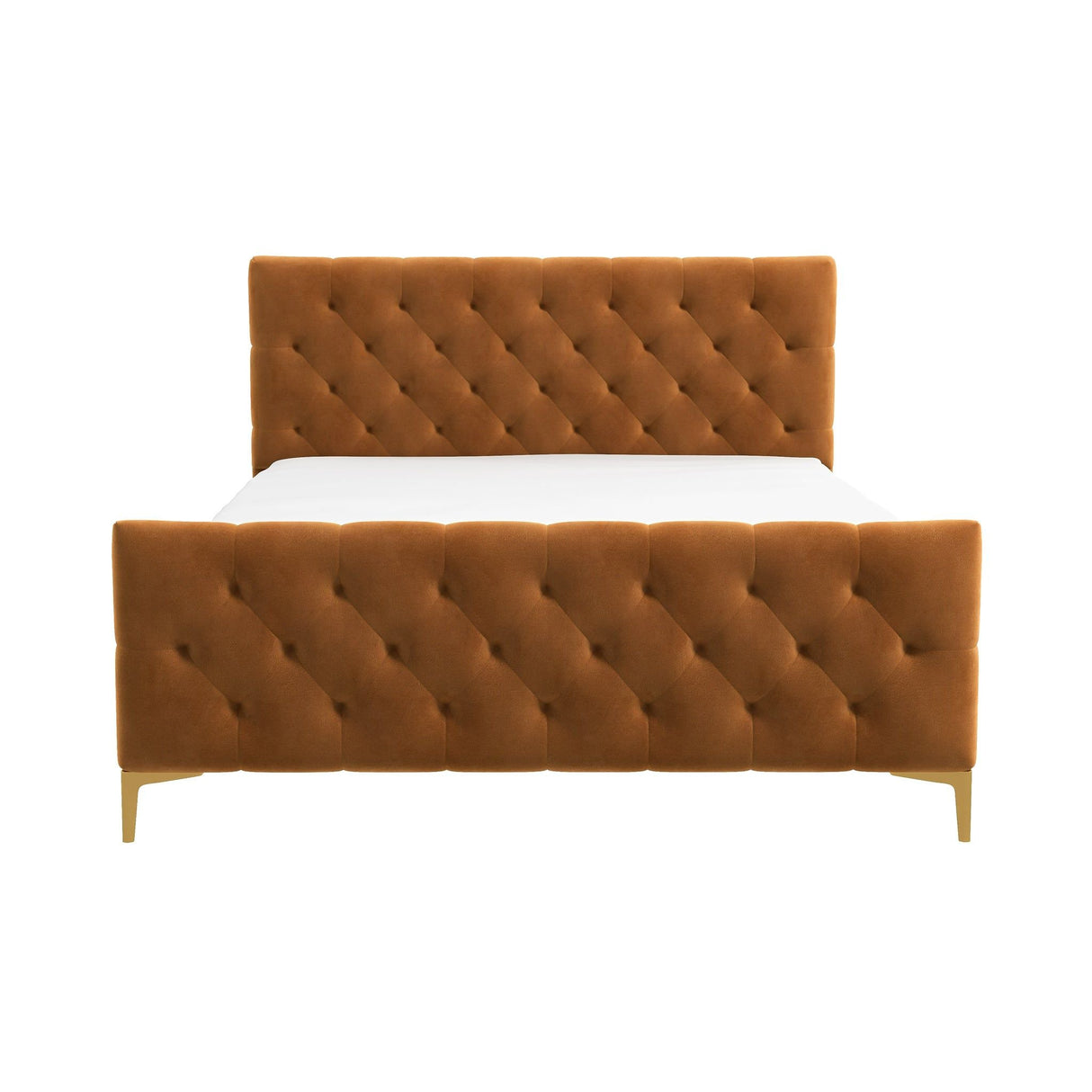 The Bailey - Elegant Design Bed has a brown upholstered frame with a tufted, buttoned headboard and footboard, featuring gold-colored legs for a modern look against a white background.