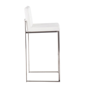 Side view of the Fuji - Contemporary And Modern Elegance High Back Barstool, showcasing a white cushioned seat and backrest with a sleek metal frame and minimalist design against a plain white background.