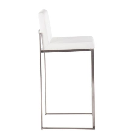 Side view of the Fuji - Contemporary And Modern Elegance High Back Barstool, showcasing a white cushioned seat and backrest with a sleek metal frame and minimalist design against a plain white background.