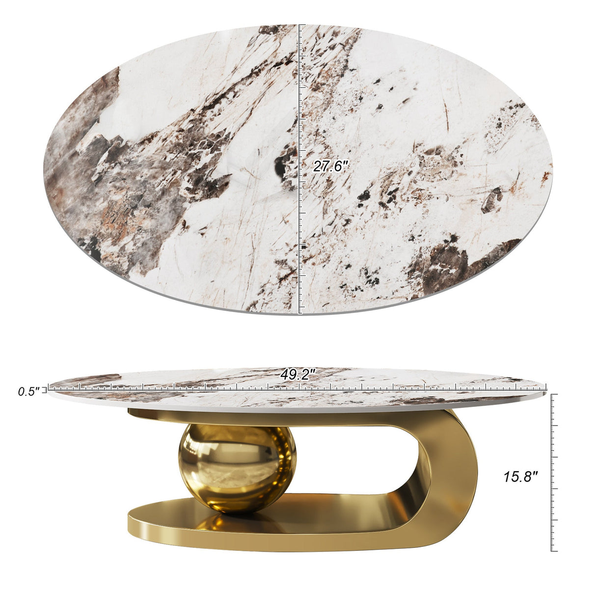 49.2 Inches Oval Faux Marble Coffee Table for Living Room with Stainless Steel Base