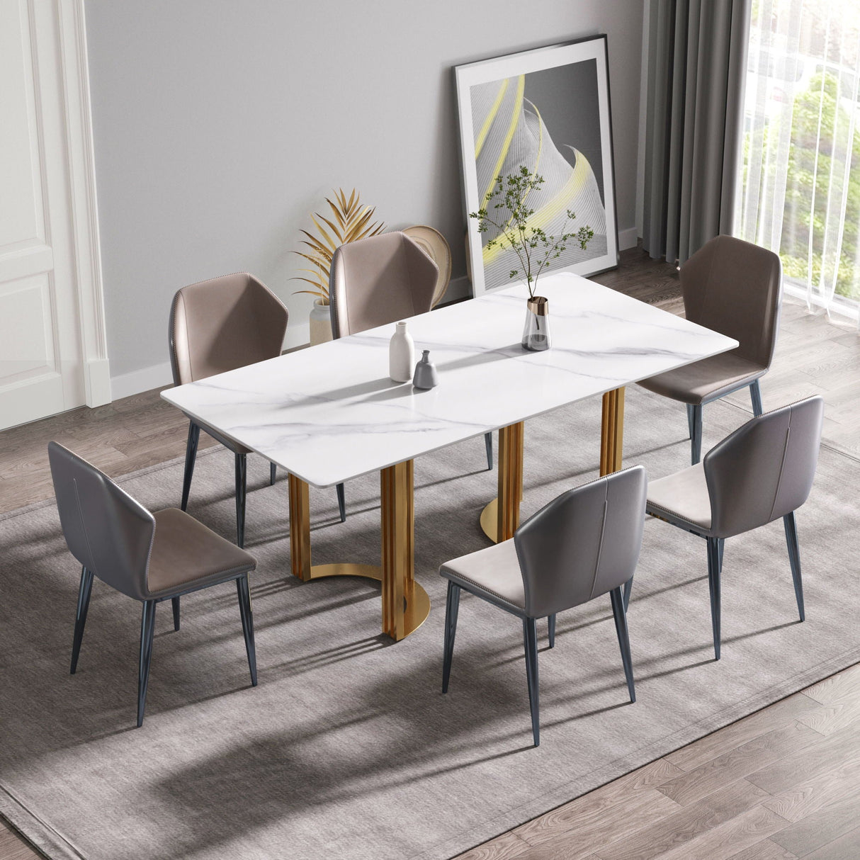 70.87" Modern Artificial Stone White Straight Edge Golden Metal Leg Dining Table, Can Accommodate 6-8 People - White / Gold by Couch.com