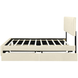 Upholstered Platform Bed With 2 Drawers And 1 Trundle, Classic Strip Headboard Design by Couch.com