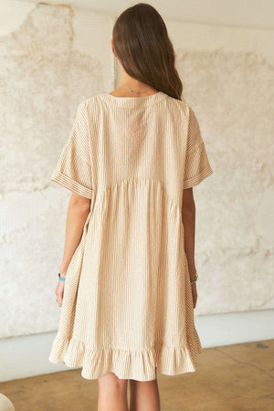 Ruffled Hem Striped V-Neck Babydoll Dress For Women – Playful, Chic, Versatile, Perfect for Casual to Semi-Formal Occasions