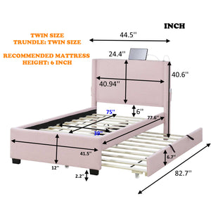 Couch.com Twin Size Upholstered Bed Frame With Trundle Bed, Teddy Fabric, USB Functionality, And A Pocket Design On The Side Of The Headboard For Storing Small Items Baby Pink, with Storage by Couch.com