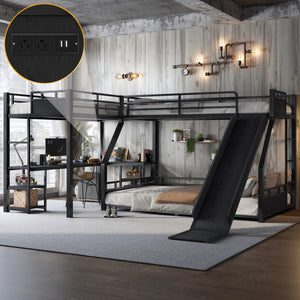 L-Shaped Metal Bunk Bed (Top bed: twin xl, bottom bed: queen) with Single Loft Bed, Desk, and Storage Shelves, USB Charging Port Included - Metal Triple Bunk Bed with Slide,B