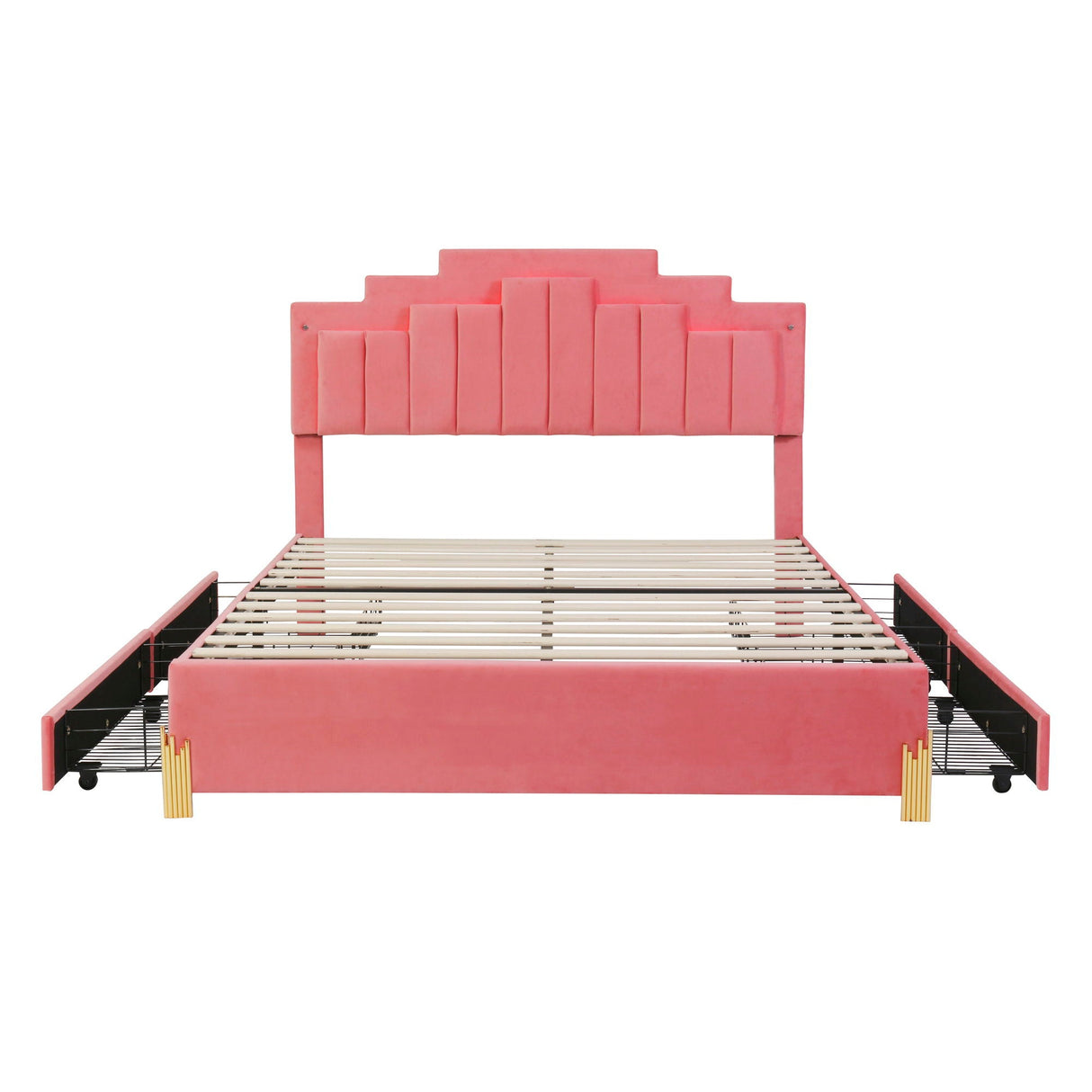 Queen Size Upholstered Platform Bed With LED Lights And 4 Drawers, Stylish Irregular Metal Bed Legs Design - Pink by Couch.com