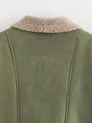 Fuzzy Collared Neck Long Sleeve Jacket with Buttoned Closure and Cozy Pockets