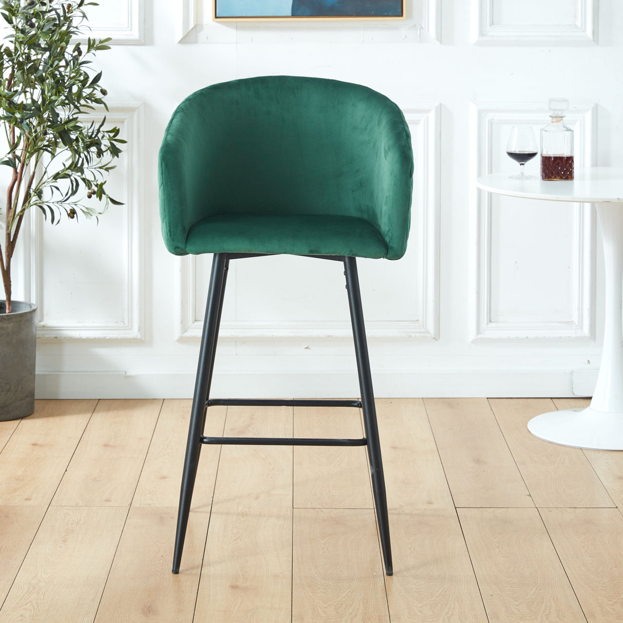Counter Height Bar Stool, Metal Legs, Velvet Upholstered For Pub, Restaurant, Kitchen Island (Set of 2) - Black / Green by Couch.com