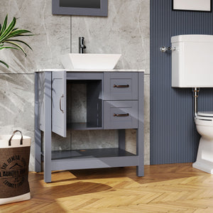 30" Gray Bathroom Vanity And Sink Combo Marble Pattern Top With Mirror Faucet & Drain - Gray by Couch.com