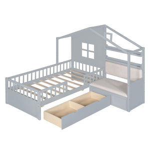 House Bed With Sofa, Kids Platform Bed With 2 Drawers And Storage Shelf by Couch.com