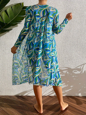 Luxe Lines 3-Piece Geometric Bikini Set for Women – High Rise Drawstring Bikini with Boxer Shorts & Long Sleeve Sheer Kimono Cover-Up – Bold & Breezy Women’s Swimwear for Summer Beach Pool & Getaways