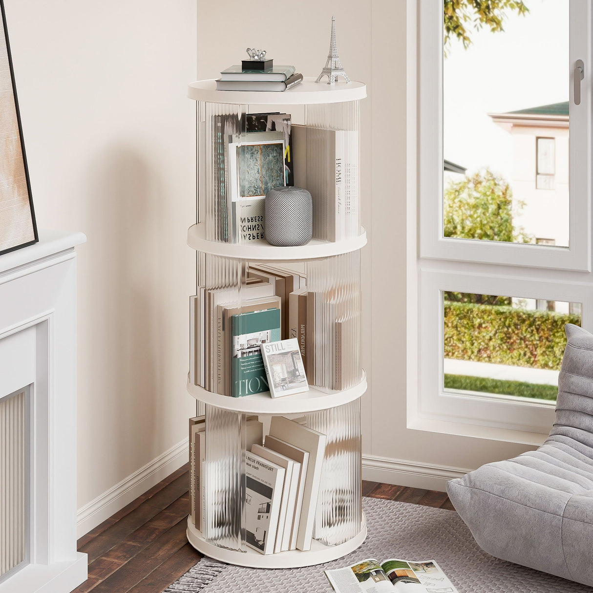 360° Rotating Bookshelf, Small Corner Bookcase, 3 Tier Floor Standing Organizer, Round - Cream White by Couch.com