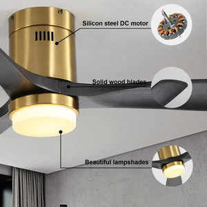 Flush Mount Ceiling Fan With 3 Solid Wood Blades Remote Control Reversible DC Motor For Living Room - Gold by Couch.com
