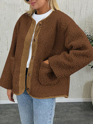 Modern Cozy Women Luxuriously Cozy Contrast Button Up Sherpa Jacket with Pockets For Fall & Winter