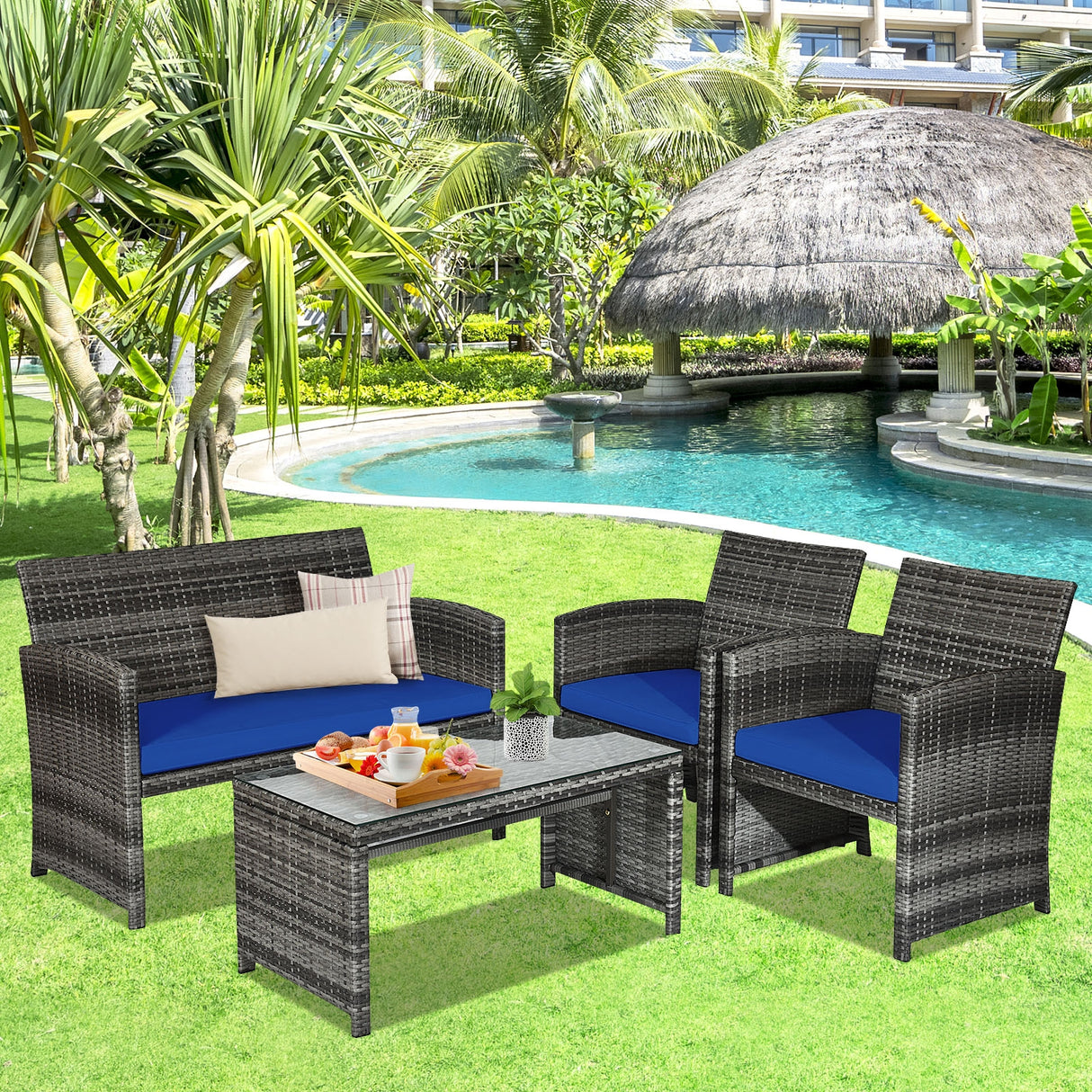 4 Pcs Patio Rattan Furniture Set Top Sofa With Glass Table-White