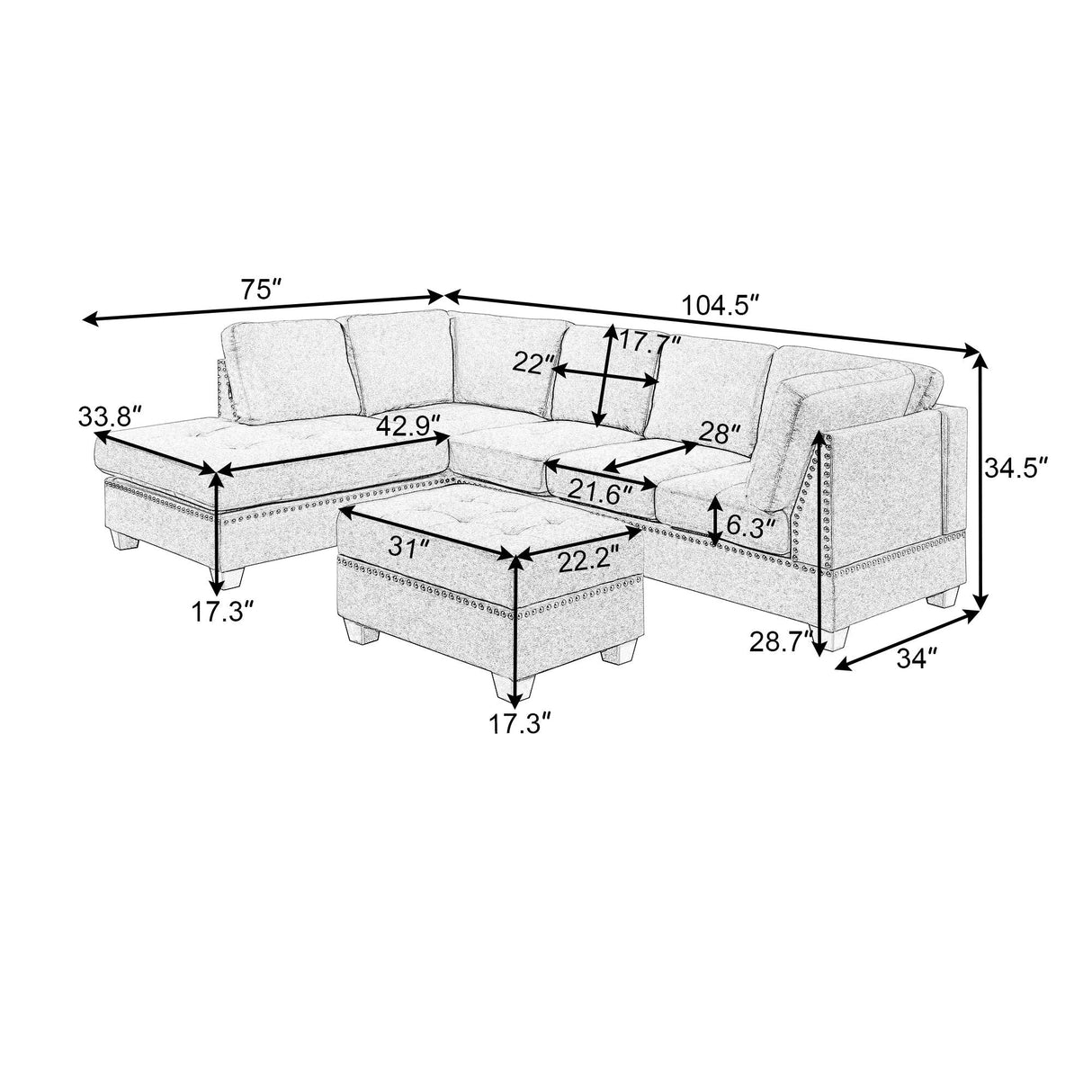 Reversible Sectional Sofa Space Saving With Storage Ottoman Rivet Ornament L-Shape Couch For Small Or Large Space Dorm Apartment by Couch.com