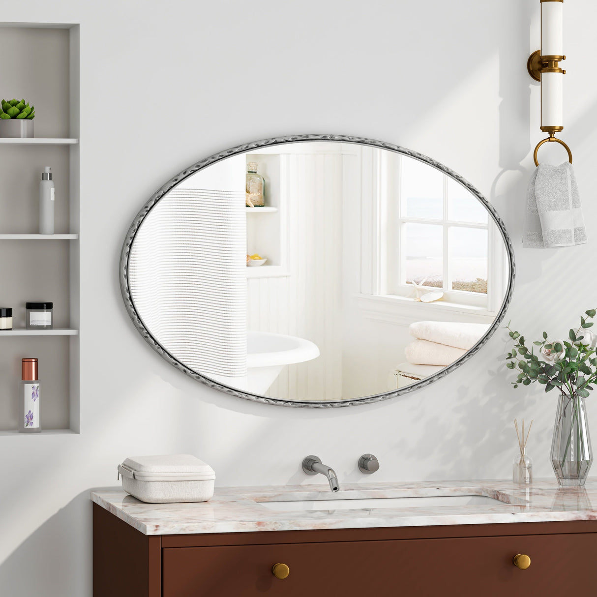 Iron Art Oval Retro Mirror with Antique Effect in Silver