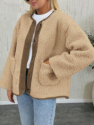 Modern Cozy Women Luxuriously Cozy Contrast Button Up Sherpa Jacket with Pockets For Fall & Winter