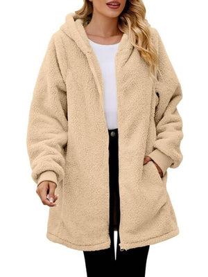 Comfortable Fuzzy Pocketed Zip-Up Long Sleeve Hooded Jacket Cozy & Warm Soft Outerwear For Winter