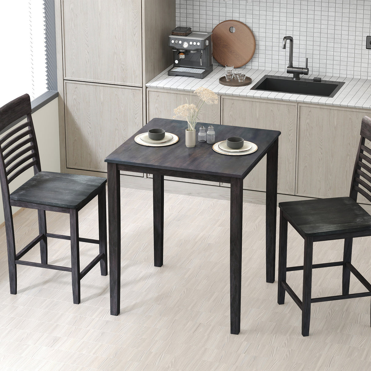 Square Dining Table with Solid Wood Frame for 4-Person-Gray
