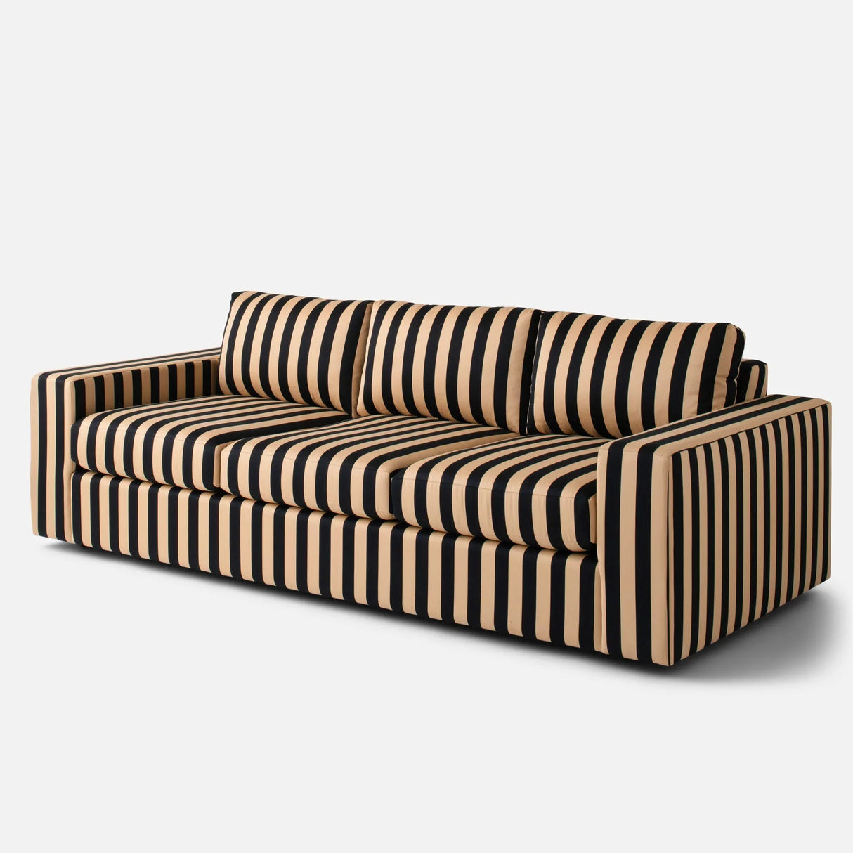 Introducing the Marc Striped Sofa: a contemporary piece featuring black and beige vertical stripes. It boasts three large cushions and a boxy design, beautifully presented against a plain white background.
