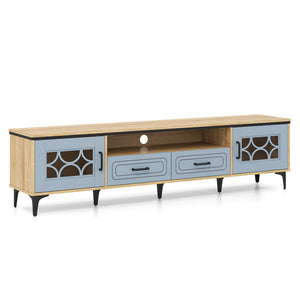 Farmhouse TV Stand for TVs up to 80 Inch with 2 Drawers-Oak and Gray