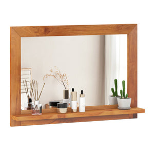 Farmhouse Wall Mirror with Shelf and Teak Wood Frame