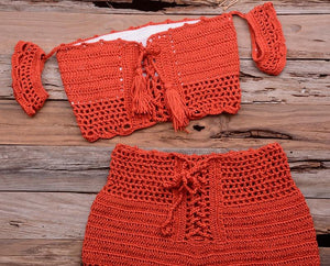 Fashion Beach Bikini Set Knitting Swimsuit Crochet Style Off Shoulder Bathing Handmade Tassels Bikini Bra Two Piece Beach Outfits For Women Crochet Tassels Hollow Out Bikini Bra Top Skirt Cover Up Dress