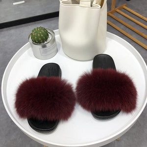 Fashion Fox Fur Slippers Women Home Fluffy Comfort Summer Flats Sweet Shoes Indoor Flip Flops Fur Slides Elegant Sandals Lightweight House Slippers Fuzzy Band Slip On Open Toe Slippers