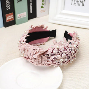 Fashion Girls Pearl Hairband White Black Lace Headband Women Artificial Pearls Hair Hoop Middle Knot Hair Accessories Gorgeous Hair Accessories For Women