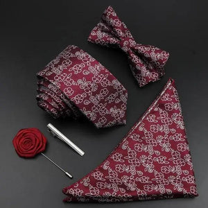 Fashion Red Business Necktie Matching Bowtie Flower Vintage Design Set For Men Self-Tie Bow Tie And Pocket Square Classic Business Tuxedo Wedding Bowties Handkerchief Set Men Necktie And Pocket Square Set