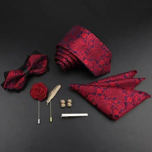 Fashion Red Business Necktie Matching Bowtie Flower Vintage Design Set For Men Self-Tie Bow Tie And Pocket Square Classic Business Tuxedo Wedding Bowties Handkerchief Set Men Necktie And Pocket Square Set