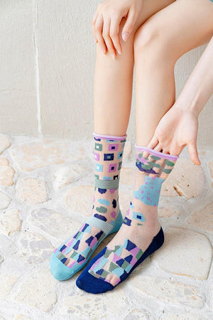 Fashion Women Socks New Spring Summer Mesh Thin Long Printed Socks Women Casual Breathable Fresh Flower Socks Korea Style Color Thin Socks For Women