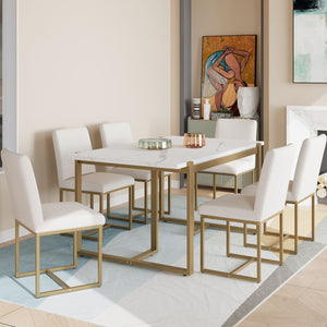 Couch.com Modern Dining Table Set For 6 Faux Marble Kitchen Table Set With 6 Upholstered Dining Chairs, 7 Piece White / Golden, Durable Design, Modern Style, Wood Construction, White Finish by Couch.com