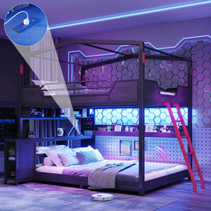 Queen Over Queen Gaming Bunk Bed with Desk, LED Lights & USB Ports, House-Shaped Metal Bunk Bed Frame with Storage Shelves, Guardrail and Ladder, Space-Saving Black Bunk Bed for Kids Teens Bedroom