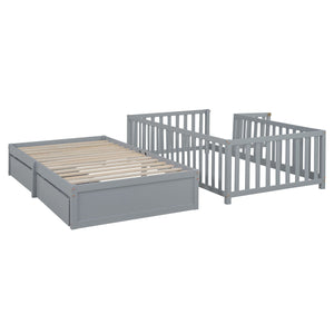 Daybed With Fence Guardrails And 2 Drawers, Split Into Independent Floor Bed & Daybed by Couch.com
