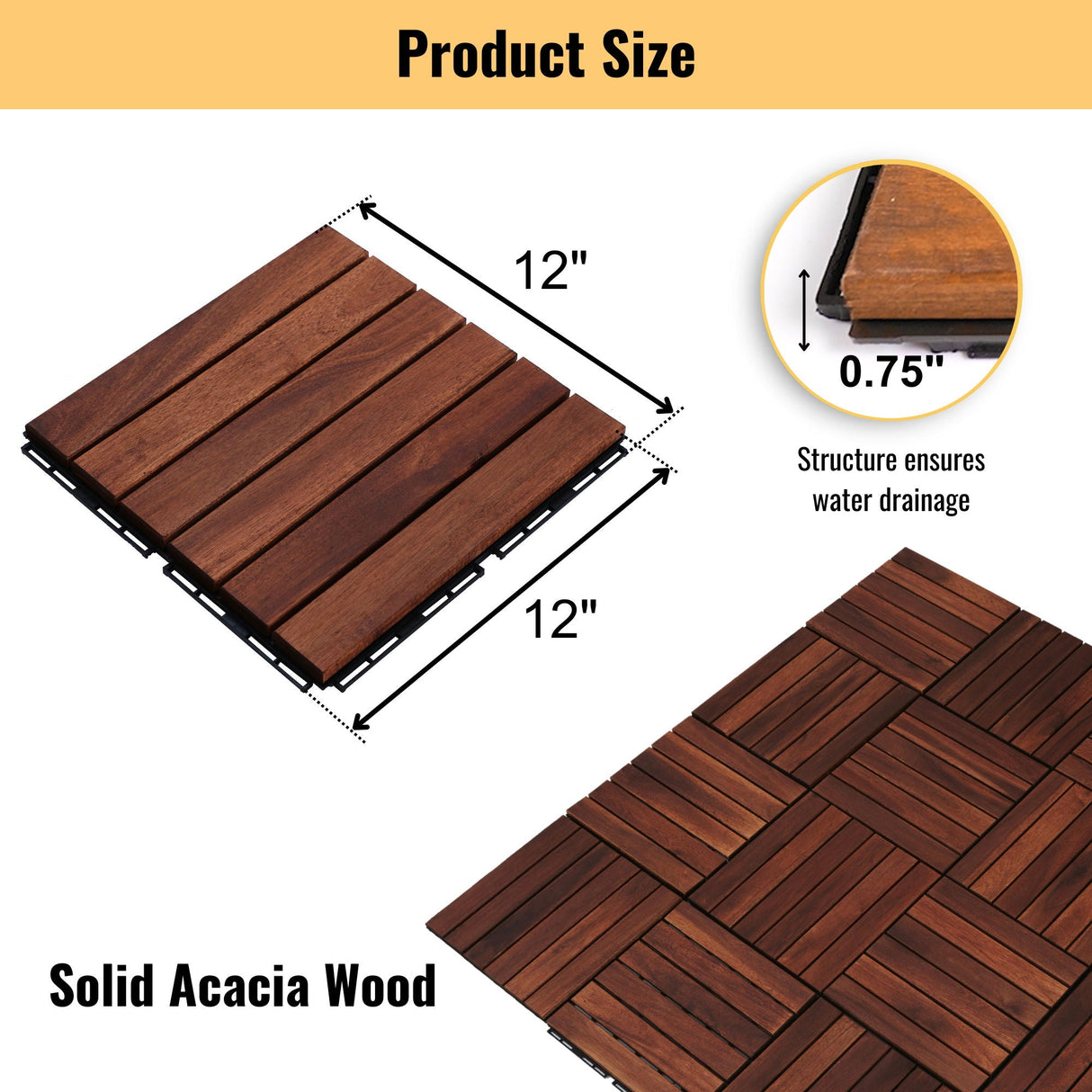 Interlocking Deck Tiles Striped Pattern, Waterproof Anti Mildew Brown