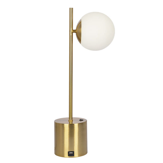 The Ethereal modern small table lamp features a sleek design with a gold base and stem, a round white globe shade at the top, and a small button on the base for operation.