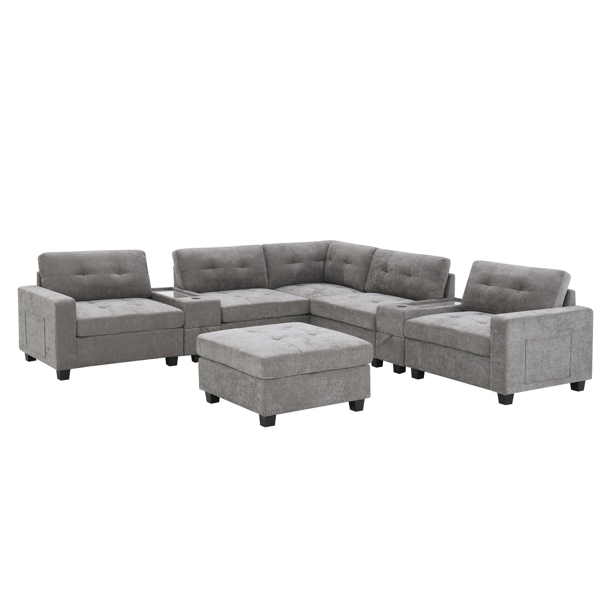 Sectional With Acrylic Table Top U Shaped Couch Set With 2 Consoles USB Charger, Storage Drawers And Pockets Movable Ottoman Tufted Sofa by Couch.com