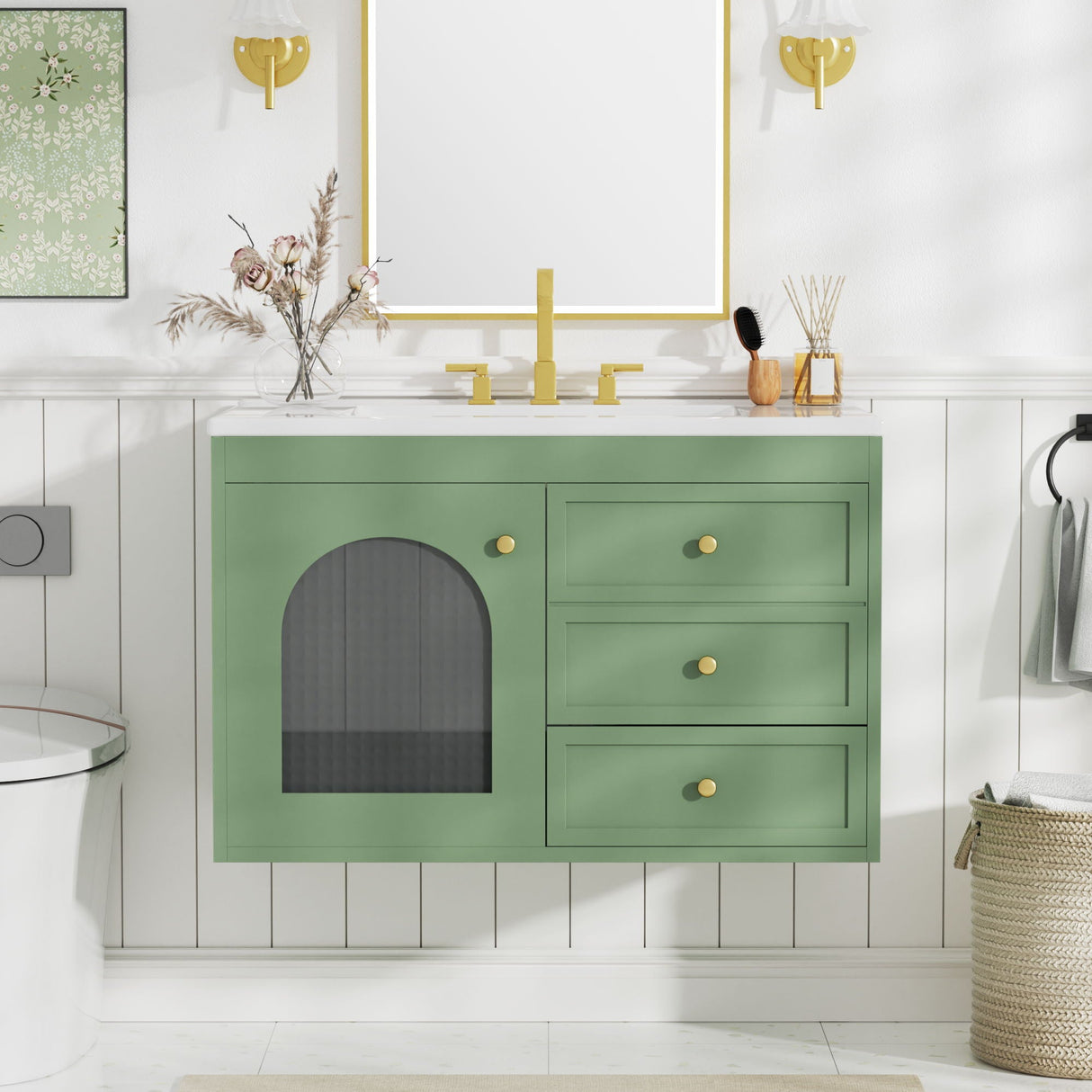 Elegant Floating Bathroom Vanity Sink And Cabinet Combo 1 Door And 2 Drawers - Green by Couch.com