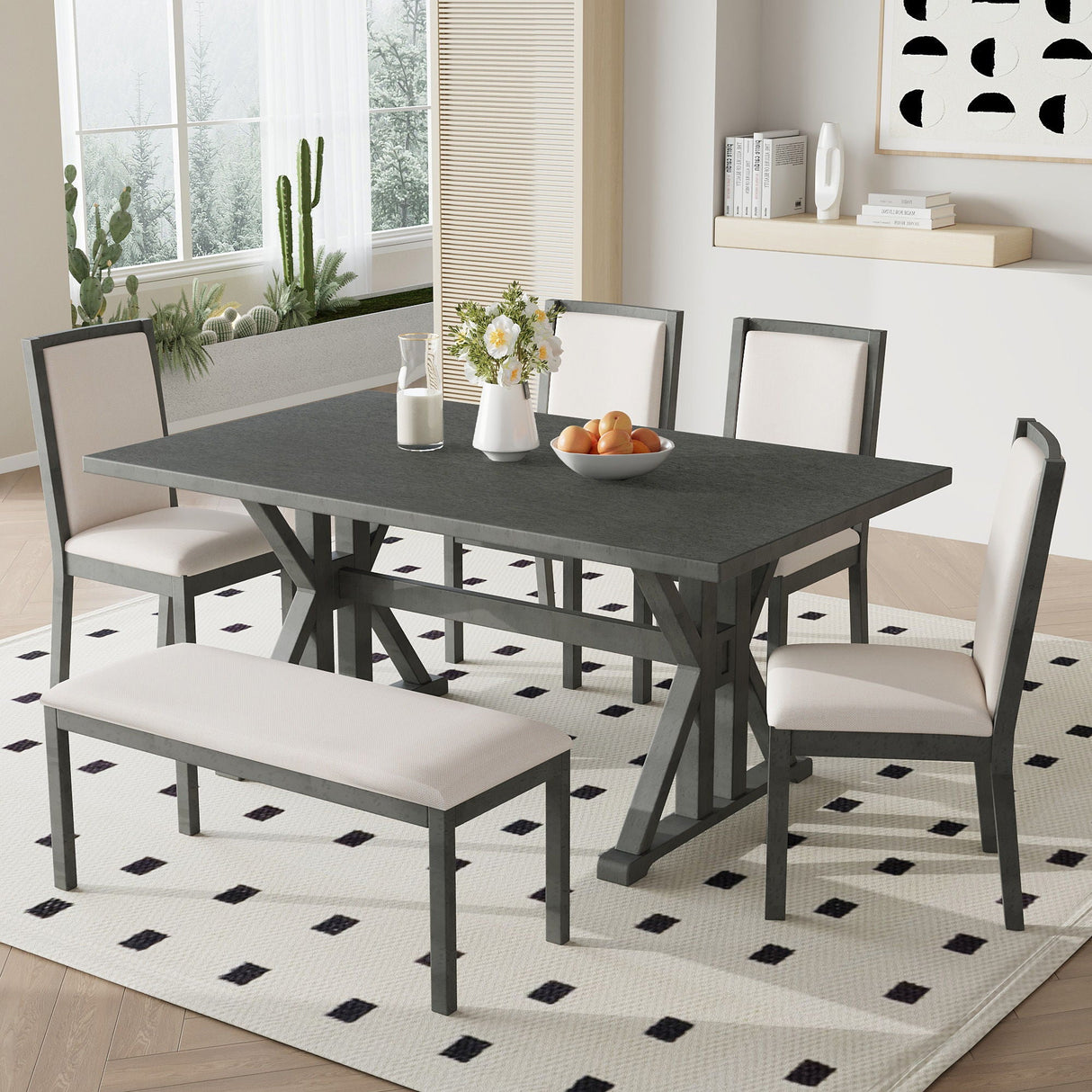 Topmax - 6 Piece Farmhouse Classical Dining Table Set With Trestle Legs, Kitchen Table Set For 6 With 4 Upholstered Dining Chairs And Bench by Couch.com