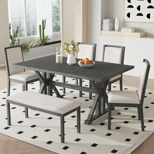 Topmax - 6 Piece Farmhouse Classical Dining Table Set With Trestle Legs, Kitchen Table Set For 6 With 4 Upholstered Dining Chairs And Bench by Couch.com