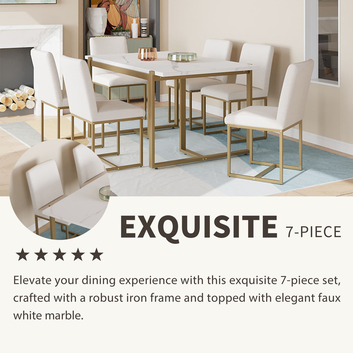 Couch.com Modern Dining Table Set For 6 Faux Marble Kitchen Table Set With 6 Upholstered Dining Chairs, 7 Piece White / Golden, Durable Design, Modern Style, Wood Construction, White Finish by Couch.com