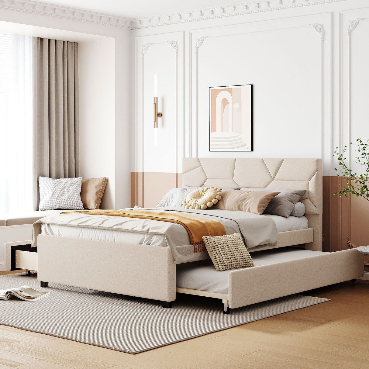 Upholstered Platform Bed With Brick Pattern Headboard And Twin Long Size Trundle