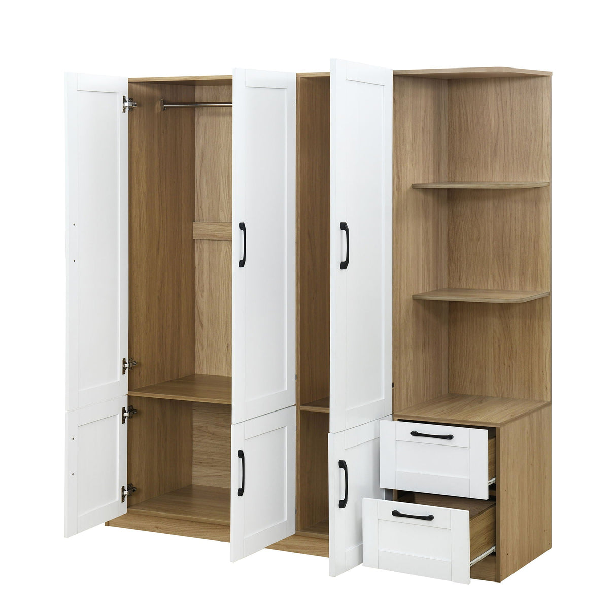 The 3 Door Storage Wardrobe for Bedroom features white doors with black handles, open wood structure, hanging rods, shelves, and two drawers. It showcases a natural wood interior and exterior with modern and functional design that includes side storage shelves.