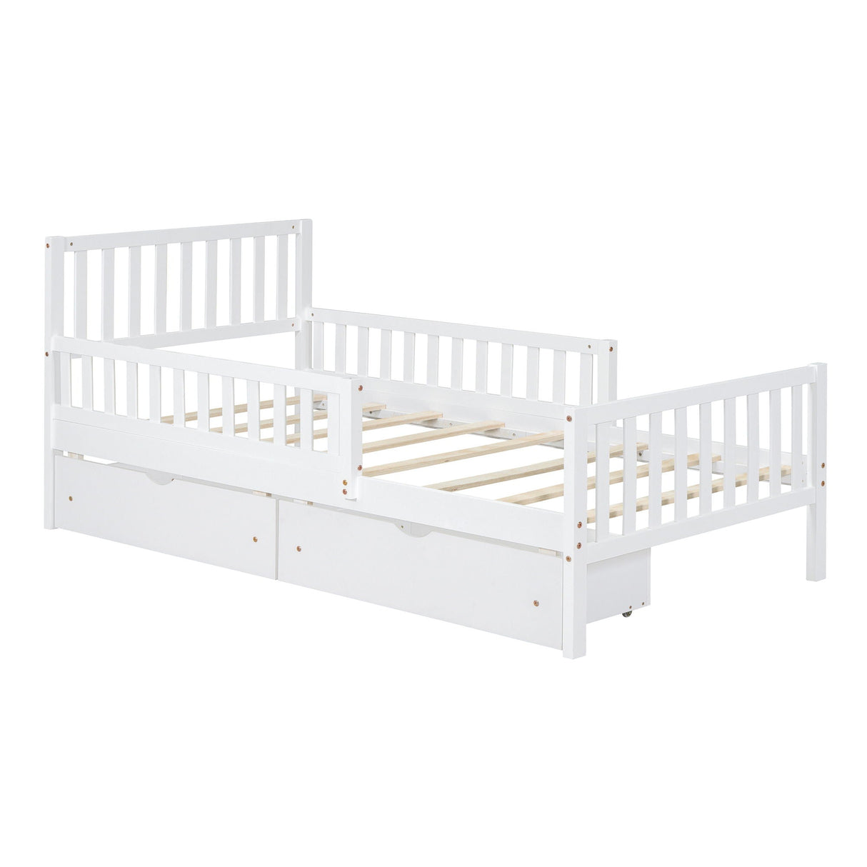 White wooden platform bed, featuring guardrails on both sides and two storage drawers underneath, with a slatted headboard and footboard. Includes a pull-out trundle for mattresses on both levels, offering simple, clean lines.