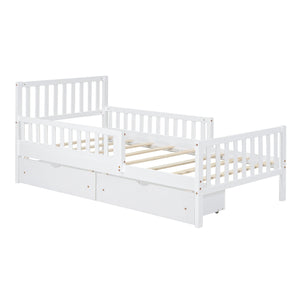 White wooden platform bed, featuring guardrails on both sides and two storage drawers underneath, with a slatted headboard and footboard. Includes a pull-out trundle for mattresses on both levels, offering simple, clean lines.