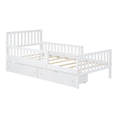 White wooden platform bed, featuring guardrails on both sides and two storage drawers underneath, with a slatted headboard and footboard. Includes a pull-out trundle for mattresses on both levels, offering simple, clean lines.